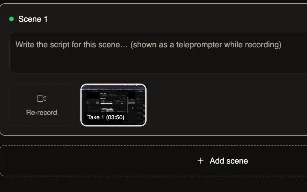The Record scenes screen: Scene 1 with its script, a Re-record tile and Take 1